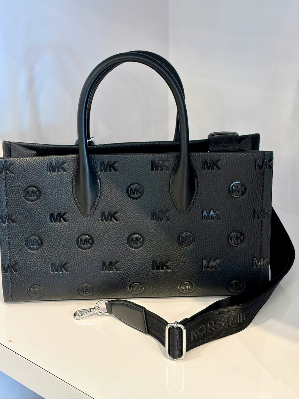 Michael Kors Mirella Medium Logo Debossed Satchel Black - Picture 7 of 12